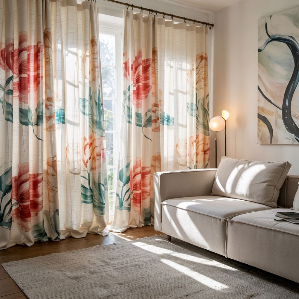 Nowoczesny salon z zasłonami