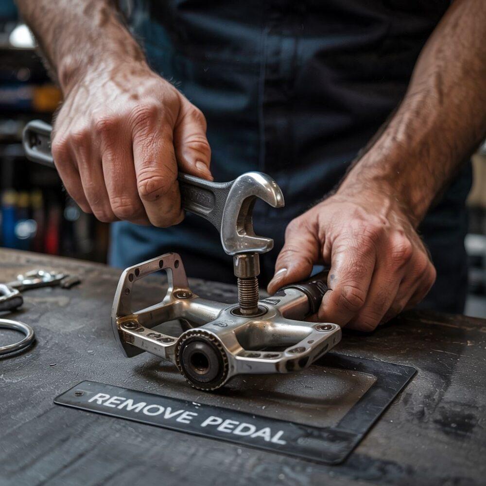 dłoń odkręca pedal rowerowy