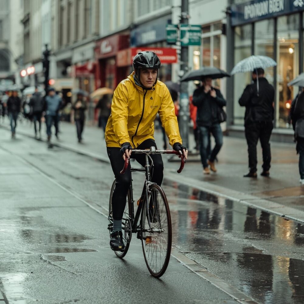 rowerzysta obok pieszych