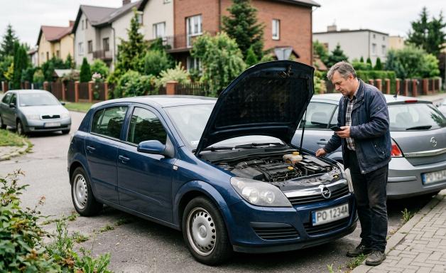 Mężczyzna ocenia stan techniczny auta