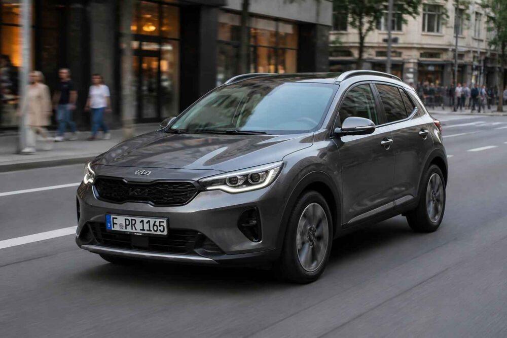 Szary Kia Stonic jadący miejską ulicą wśród zabudowy i przechodniów